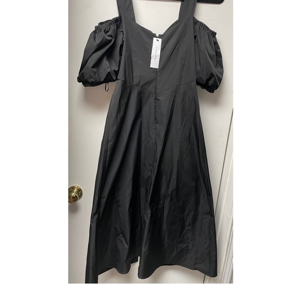 TOPSHOP Black Taffeta Cold Shoulder Bardot Midi Dress - Picture 7 of 12